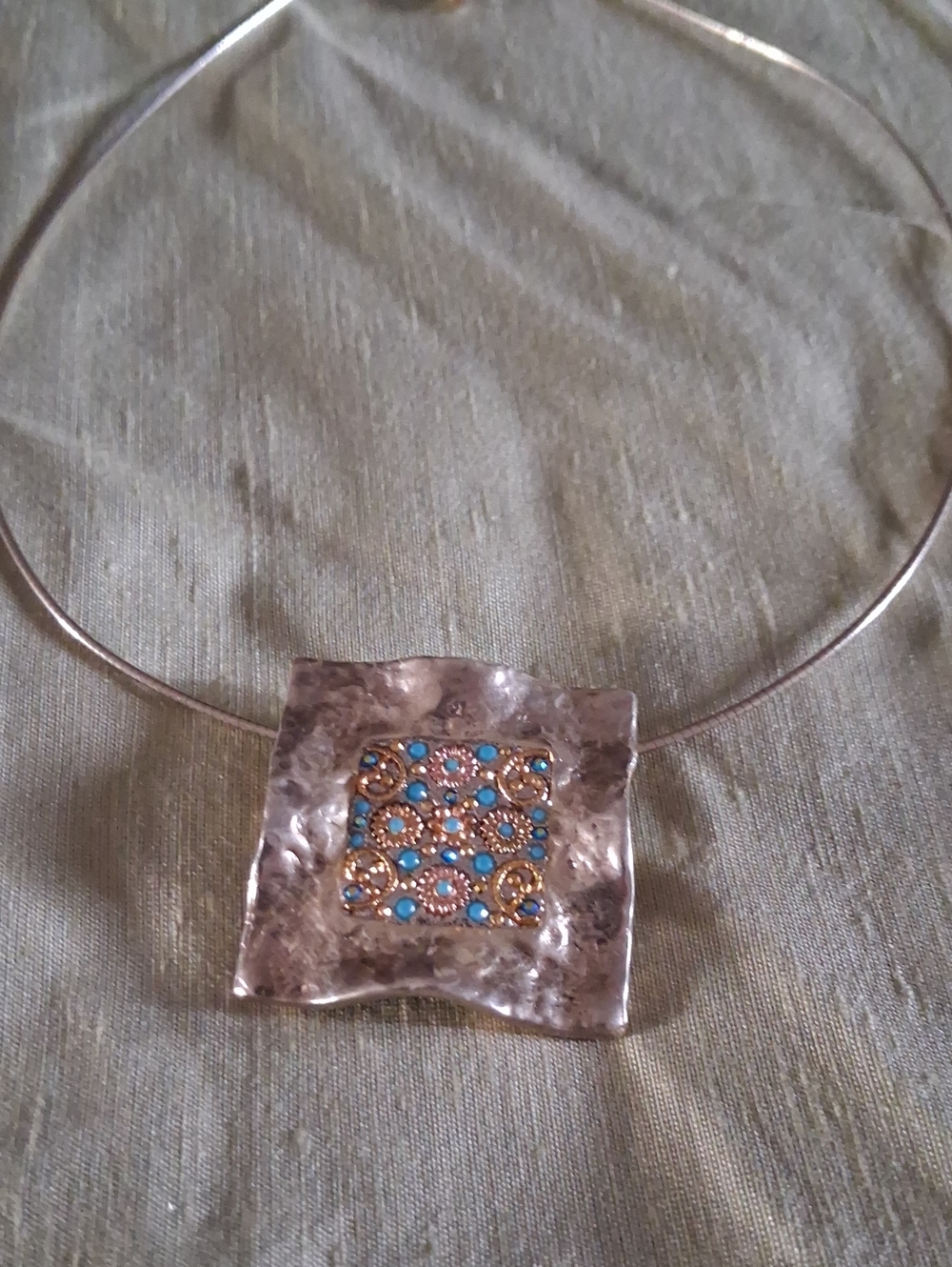 Silver-Tone Hammered Necklace with Turquoise Accent Pendant